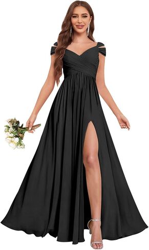 Fu Jiang Off The Shoulder Bridesmaid Dresses for Wedding with Slit Long Chiffon Pleated Formal Evening Dress in Saudi Arabia