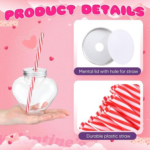 10 oz Valentine's Day Heart Shaped Cups with Lids and Straws Plastic Heart Drink Bottle Clear Plastic Tumblers Clear Drinking Cocktail Cups for Valentine's Day Birthday Party (12 Pcs) in Saudi Arabia