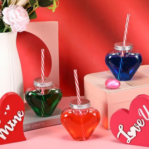 10 oz Valentine's Day Heart Shaped Cups with Lids and Straws Plastic Heart Drink Bottle Clear Plastic Tumblers Clear Drinking Cocktail Cups for Valentine's Day Birthday Party (12 Pcs) in Saudi Arabia