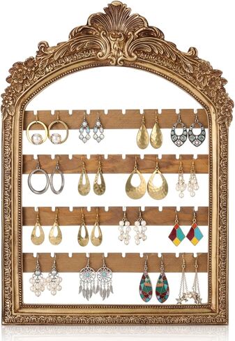 1 قطعة 13 × 9.3 بوصة منظمو مجوهرات القرط المعلقة إطار ذهبي مقوس 4 طبقات حامل مجوهرات مثبت على الحائط ديكور ريترو باروكي عرض أقراط للنساء هدية in Kuwait