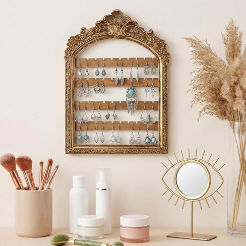 1 قطعة 13 × 9.3 بوصة منظمو مجوهرات القرط المعلقة إطار ذهبي مقوس 4 طبقات حامل مجوهرات مثبت على الحائط ديكور ريترو باروكي عرض أقراط للنساء هدية in Kuwait