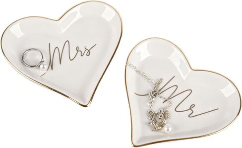 2PCS Heart Shaped Mr. and Mrs. Ring Dish Ceramic Jewelry Ring Tray Holder for Engagement, Wedding, and Bridal Shower Gifts in Saudi Arabia
