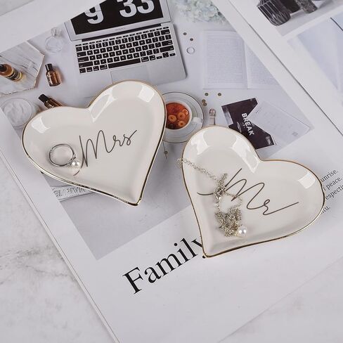 2PCS Heart Shaped Mr. and Mrs. Ring Dish Ceramic Jewelry Ring Tray Holder for Engagement, Wedding, and Bridal Shower Gifts in Saudi Arabia