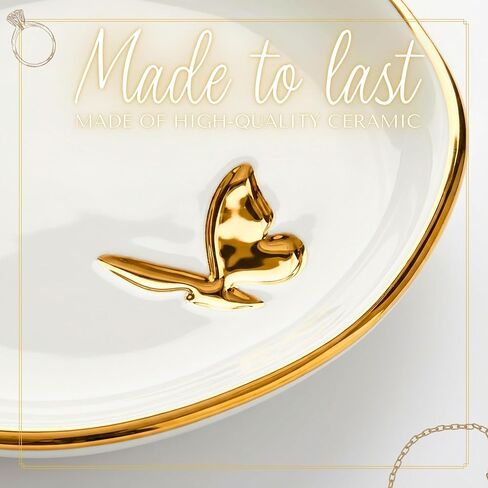InnoBeta Butterfly Gifts for Women Adults, Ceramic Jewelry Tray, Decorative Trinket Dish for Rings Earrings Necklaces Bracelet Watch Keys, 4.75", White Surface Gold in Saudi Arabia