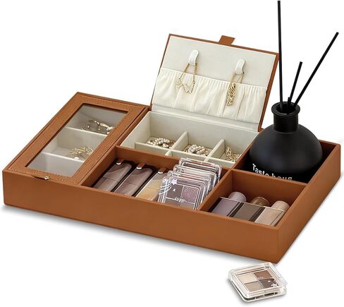 Jewelry Organizer Tray with See-Through Flip Lid, Drawer Storage & Desktop Display Case for Earrings, Necklaces, Rings, Brooches, Multi-Compartment Dust-Proof Vanity Organizer in Saudi Arabia