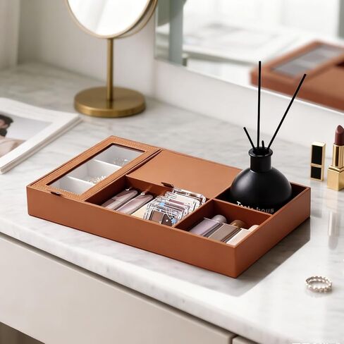 Jewelry Organizer Tray with See-Through Flip Lid, Drawer Storage & Desktop Display Case for Earrings, Necklaces, Rings, Brooches, Multi-Compartment Dust-Proof Vanity Organizer in Saudi Arabia