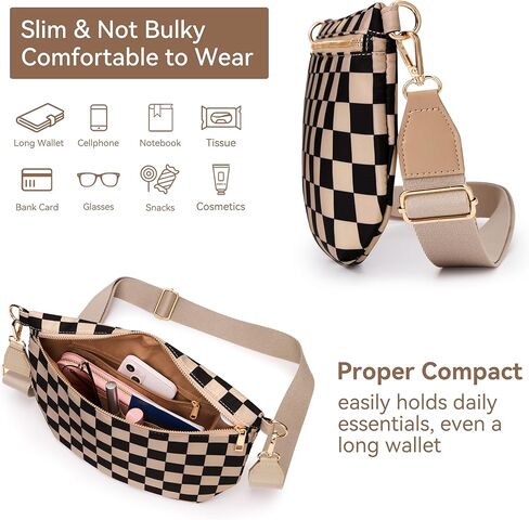 KALIDI Checkered Crossbody Bags for Women Travel Flat Fanny Packs for Woman Men Nylon Cross Body Purse Fashion Belt Bum Bag in Saudi Arabia