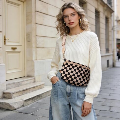 KALIDI Checkered Crossbody Bags for Women Travel Flat Fanny Packs for Woman Men Nylon Cross Body Purse Fashion Belt Bum Bag in Saudi Arabia