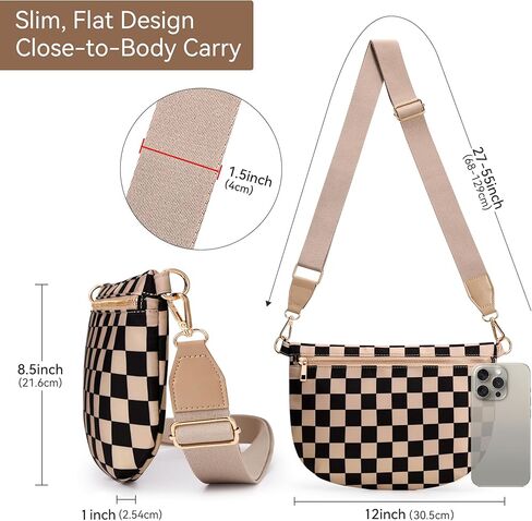 KALIDI Checkered Crossbody Bags for Women Travel Flat Fanny Packs for Woman Men Nylon Cross Body Purse Fashion Belt Bum Bag in Saudi Arabia