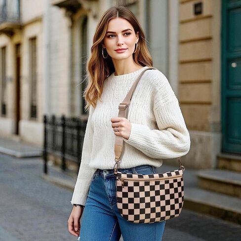 KALIDI Checkered Crossbody Bags for Women Travel Flat Fanny Packs for Woman Men Nylon Cross Body Purse Fashion Belt Bum Bag in Saudi Arabia