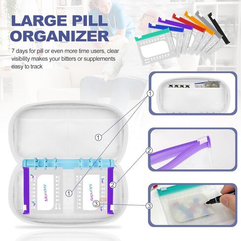 Weekly Pill Organizer 2 Times a Day - Timueetech A6 Waterproof 14 Pill Pouch Bags for Travel, BPA-Free Medicine Storage with Labels & Self-Sealing Design for Vitamins and Supplements, Blue in Saudi Arabia