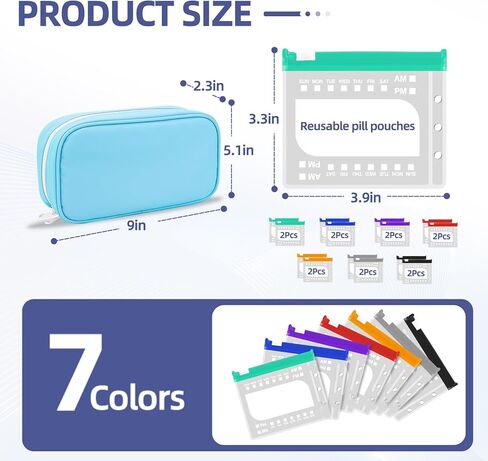 Weekly Pill Organizer 2 Times a Day - Timueetech A6 Waterproof 14 Pill Pouch Bags for Travel, BPA-Free Medicine Storage with Labels & Self-Sealing Design for Vitamins and Supplements, Blue in Saudi Arabia