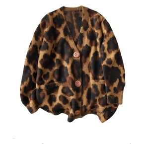 Women's Cheetah Cardigans Button Down V Neck Long Sleeve Sweaters Knit Tops in Saudi Arabia