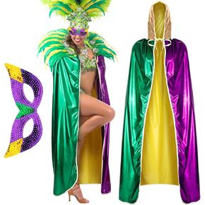 Syhood Mardi Gras Cape Full Length Costume Cloak with Face Mask Glitter Masquerade Mask Set for Mardi Gras Party Supply in Saudi Arabia