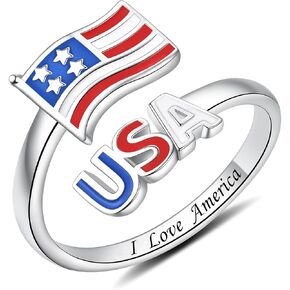 Independence Day Gifts - 925 Sterling Silver Adjustable American Flag Ring Patriotic Ring for Women in Kuwait