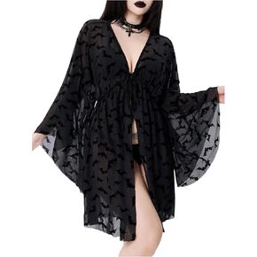 WDIRARA Women's Goth V Neck Tie Front Kimono Lightweight Cardigan Cover Up Kimono in Saudi Arabia