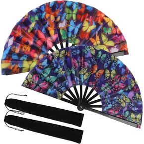 2 حزمة كبيرة قابلة للطي مروحة اليد الهذيان مروحة مع أكياس، الرجال / النساء الصيف Clack مروحة محمولة لمهرجان الموسيقى، خط الرقص، الأداء، هدية، ديكورات المنزل (الفراشة) in Kuwait