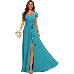 فساتين وصيفة العروس مكشكشة مكشوفة الكتف للنساء من CuteMe مع جيوب وفتحة من الشيفون فستان سهرة رسمي طويل CC023 in Kuwait