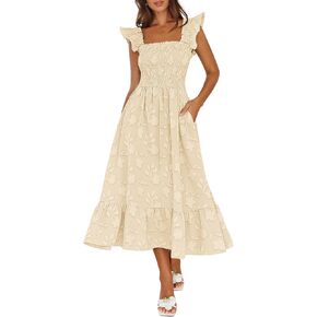 MEROKEETY Women's Summer Boho Floral Midi Dress 2026 Casual Sleeveless Square Neck Smocked Ruffle Flowy Beach Vacation Dress in Saudi Arabia