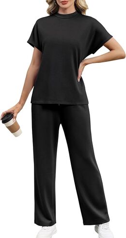 XIEERDUO Women's Side Slit Lounge Sets 2 Piece Travel Outfits Wide Leg Loungewear Fashion Mock Neck Tracksuits S-3XL in Saudi Arabia