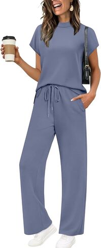 XIEERDUO Women's Side Slit Lounge Sets 2 Piece Travel Outfits Wide Leg Loungewear Fashion Mock Neck Tracksuits S-3XL in Saudi Arabia