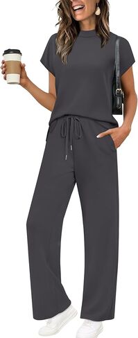 XIEERDUO Women's Side Slit Lounge Sets 2 Piece Travel Outfits Wide Leg Loungewear Fashion Mock Neck Tracksuits S-3XL in Saudi Arabia