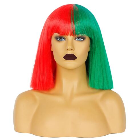 Half Red Half Green Wig Short Fluffy Straight Bob Wig with Bangs for Women Girls Christmas Party in Saudi Arabia
