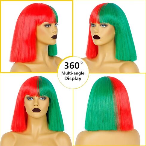 Half Red Half Green Wig Short Fluffy Straight Bob Wig with Bangs for Women Girls Christmas Party in Saudi Arabia