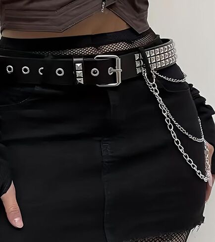 Punk Belt with Chain for Women Men Leather Chain Belt Body Chains Belts Silver Waist Metal Jean Pants Chains Belts Punk Hiphop Outfit Gothic Goth Accessories Party Club Music Festival Accessories in Saudi Arabia