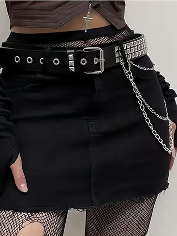 Punk Belt with Chain for Women Men Leather Chain Belt Body Chains Belts Silver Waist Metal Jean Pants Chains Belts Punk Hiphop Outfit Gothic Goth Accessories Party Club Music Festival Accessories in Saudi Arabia