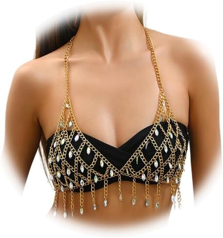 Summer Beach Crystal Mesh Top Shirt Metal Bra Body Chain Festival Rave Fringe Crop Tank Top Rhinestone Underwear Chain Jewelry for Women in Saudi Arabia