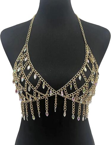 Summer Beach Crystal Mesh Top Shirt Metal Bra Body Chain Festival Rave Fringe Crop Tank Top Rhinestone Underwear Chain Jewelry for Women in Saudi Arabia