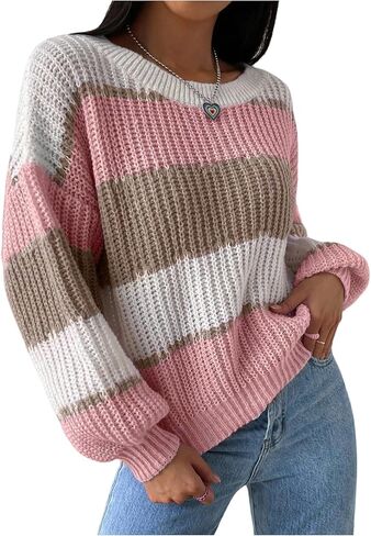 MakeMeChic Women's Striped Sweater Color Block Crewneck Casual Loose Soft Knit Christmas Sweater Pullover Tops in Saudi Arabia