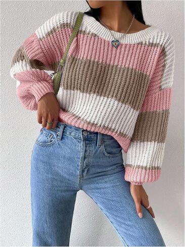 MakeMeChic Women's Striped Sweater Color Block Crewneck Casual Loose Soft Knit Christmas Sweater Pullover Tops in Saudi Arabia