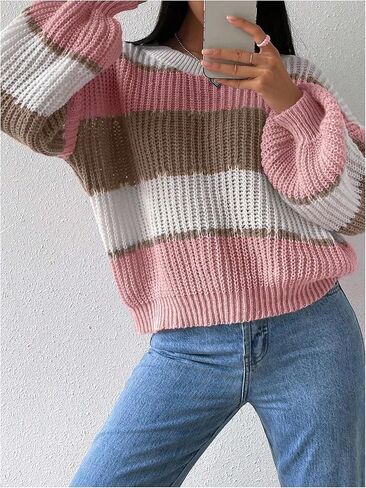 MakeMeChic Women's Striped Sweater Color Block Crewneck Casual Loose Soft Knit Christmas Sweater Pullover Tops in Saudi Arabia