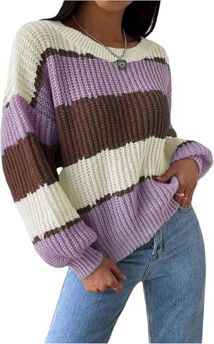 MakeMeChic Women's Striped Sweater Color Block Crewneck Casual Loose Soft Knit Christmas Sweater Pullover Tops in Saudi Arabia