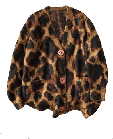 Women's Cheetah Cardigans Button Down V Neck Long Sleeve Sweaters Knit Tops in Saudi Arabia