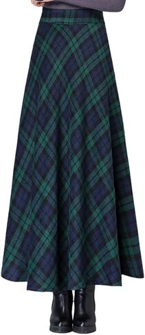 Plaid Wool Skirts for Women Warm Elastic High Waist Plaid A-Line Pleated Long Skirt in Saudi Arabia