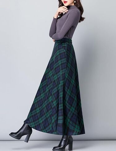 Plaid Wool Skirts for Women Warm Elastic High Waist Plaid A-Line Pleated Long Skirt in Saudi Arabia