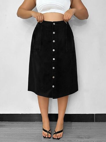 Women's Plus Size Midi Length Skirt Casual High Waisted Button Front Denim Jeans Skirt in Saudi Arabia