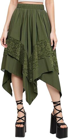 Women Renaissance Fairy Skirt Y2K Flowy Skirt Asymmetrical Layered Lace High Waist Gothic Boho Pirate Costume in Saudi Arabia