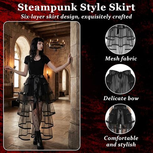 تنورة صخب من التول الفيكتوري تنورة Steampunk صخب 6 طبقات ربط على حزام تول توتو تنورة فوقية لحفلات الهالوين التنكرية مع شبكة صيد السمك سوداء in Kuwait