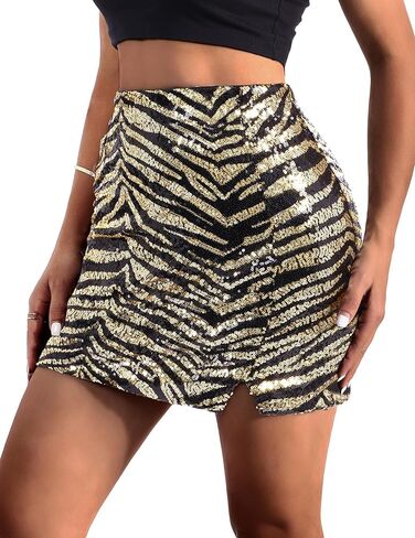 luvamia Sequin Skirts for Women Trendy High Waisted Bodycon Elastic Waist Side Slit Sparkly Night Out Party Mini Skirt in Saudi Arabia