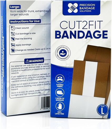 ضمادات لاصقة Cut2Fit - ضمادة قماشية مرنة للعناية بالجروح والإسعافات الأولية، تدوم طويلاً وتسمح بمرور الهواء - حجم مخصص للجروح والخدوش البسيطة، بطول 1 متر (كبير) in Kuwait