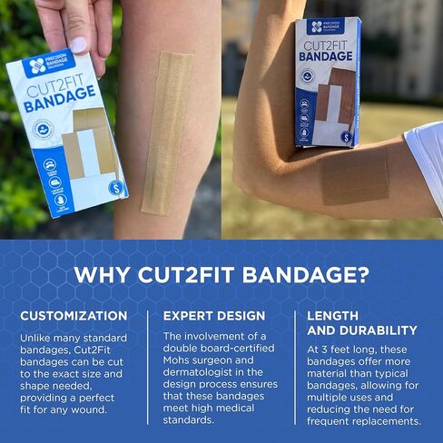 ضمادات لاصقة Cut2Fit - ضمادة قماشية مرنة للعناية بالجروح والإسعافات الأولية، تدوم طويلاً وتسمح بمرور الهواء - حجم مخصص للجروح والخدوش البسيطة، بطول 1 متر (كبير) in Kuwait