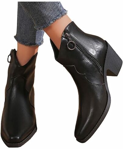 MGGMOKAY Women's Ankle Boots Chunky Heel Short Boot For Women Pointed Toe Western Booties with Zipper Fashion Cowgirl shoes in Saudi Arabia