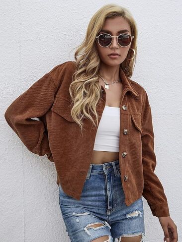 Women's Corduroy Cropped Button-Front Long Sleeve Trucker Jacket with Chest Pockets for Retro Casual Style in Saudi Arabia