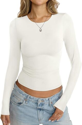 Womens Double Lined Seamless Crew Neck Shirts Basic Long Sleeve Tops Sexy Slim Fit T Shirts Casual Fall Clothes in Kuwait