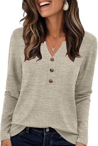DouBCQ Women's Tops Long Sleeve V Neck Shirts Dressy Casual Blouses Trendy Basic Tunic Tees in Saudi Arabia