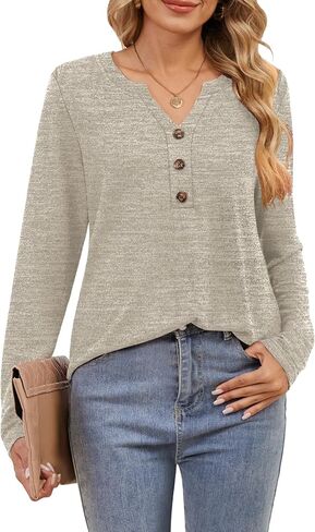 DouBCQ Women's Tops Long Sleeve V Neck Shirts Dressy Casual Blouses Trendy Basic Tunic Tees in Saudi Arabia